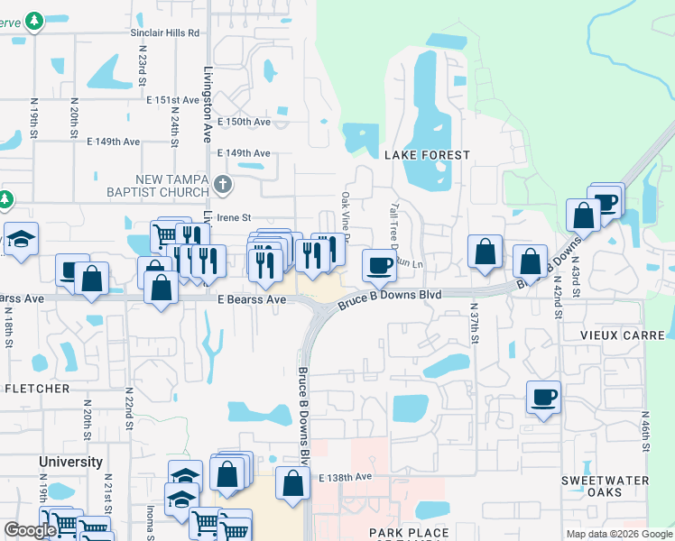 map of restaurants, bars, coffee shops, grocery stores, and more near 4 Deer Cove Lane in Tampa