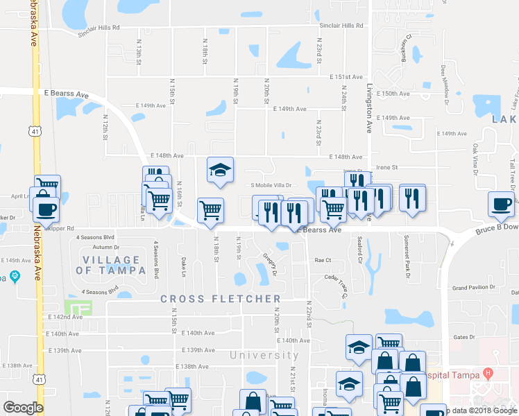 map of restaurants, bars, coffee shops, grocery stores, and more near 14625 Walnut Bend Way in Lutz