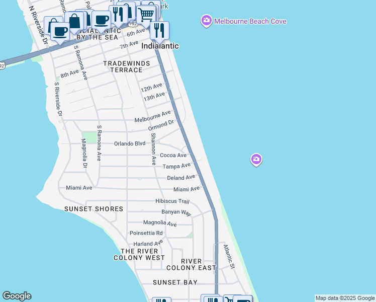 map of restaurants, bars, coffee shops, grocery stores, and more near 1318 Florida A1A in Indialantic