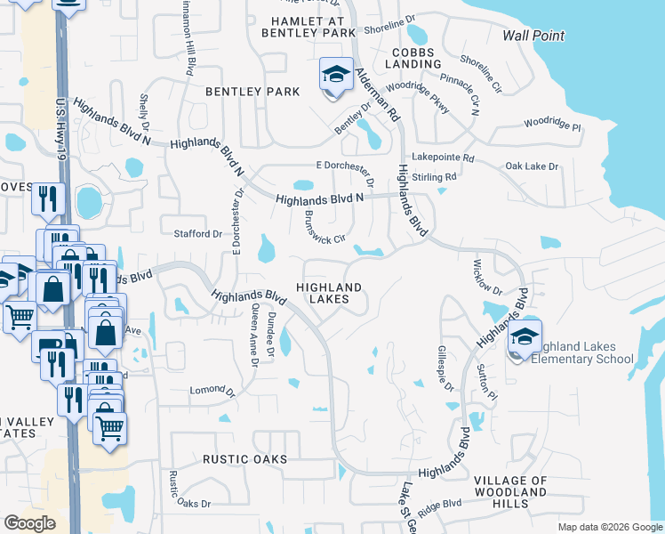 map of restaurants, bars, coffee shops, grocery stores, and more near 1635 Glengarry Drive in Palm Harbor