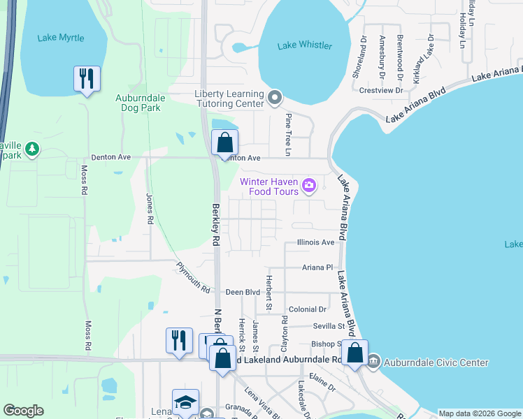 map of restaurants, bars, coffee shops, grocery stores, and more near Moore Drive in Auburndale