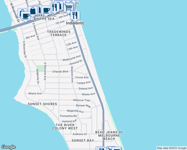 map of restaurants, bars, coffee shops, grocery stores, and more near 1401 South Miramar Avenue in Indialantic