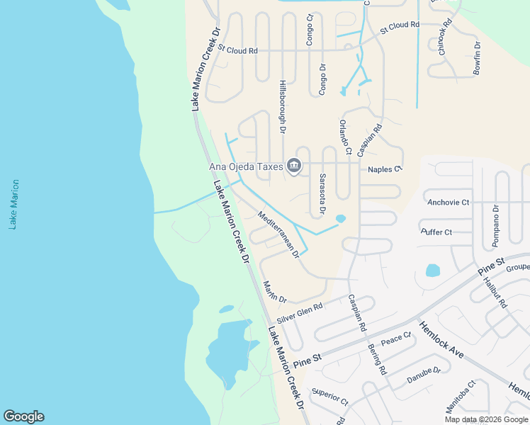 map of restaurants, bars, coffee shops, grocery stores, and more near 1501 Mediterranean Drive in Poinciana