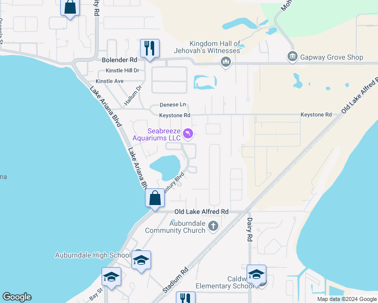 map of restaurants, bars, coffee shops, grocery stores, and more near 420 Century Boulevard in Auburndale