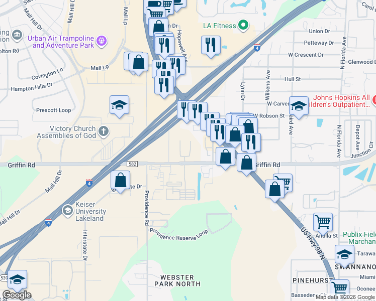 map of restaurants, bars, coffee shops, grocery stores, and more near 1015 Griffin Road in Lakeland