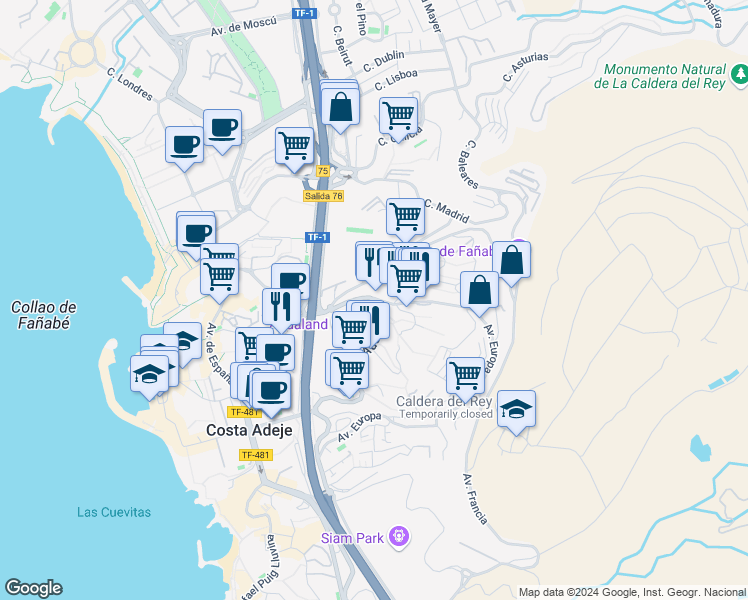 map of restaurants, bars, coffee shops, grocery stores, and more near 1 Calle País Vasco in Adeje