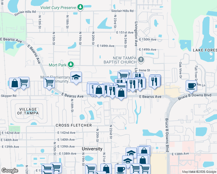 map of restaurants, bars, coffee shops, grocery stores, and more near 14609 Banyan Bluff Drive in Tampa