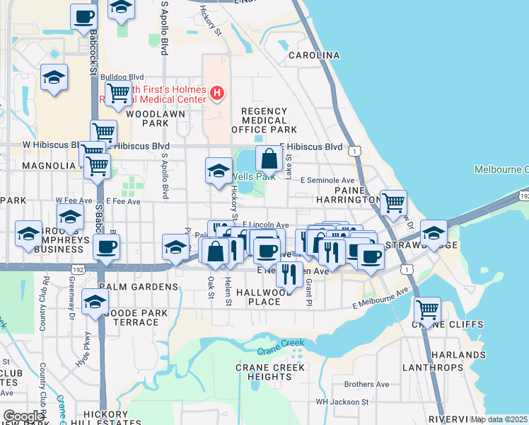 map of restaurants, bars, coffee shops, grocery stores, and more near 541 East Fee Avenue in Melbourne