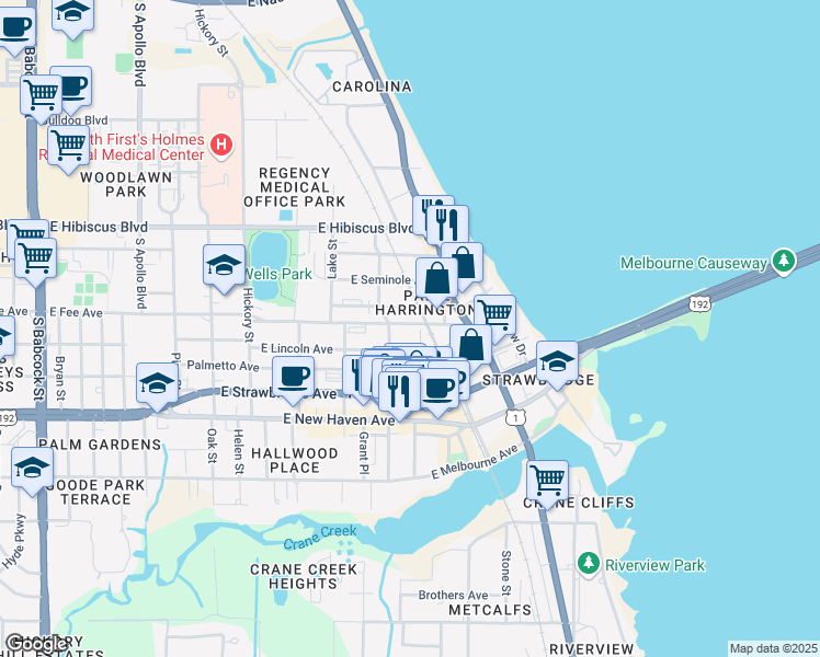 map of restaurants, bars, coffee shops, grocery stores, and more near 815 East Fee Avenue in Melbourne