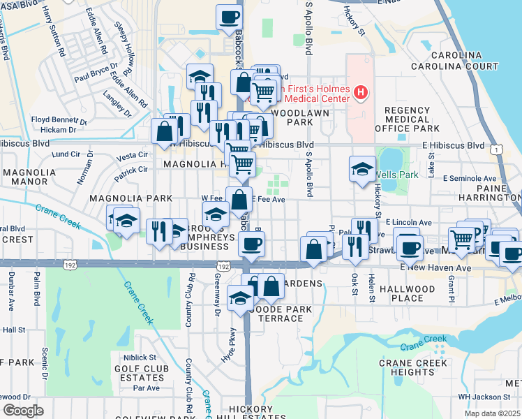 map of restaurants, bars, coffee shops, grocery stores, and more near 1709 Bryan Street in Melbourne