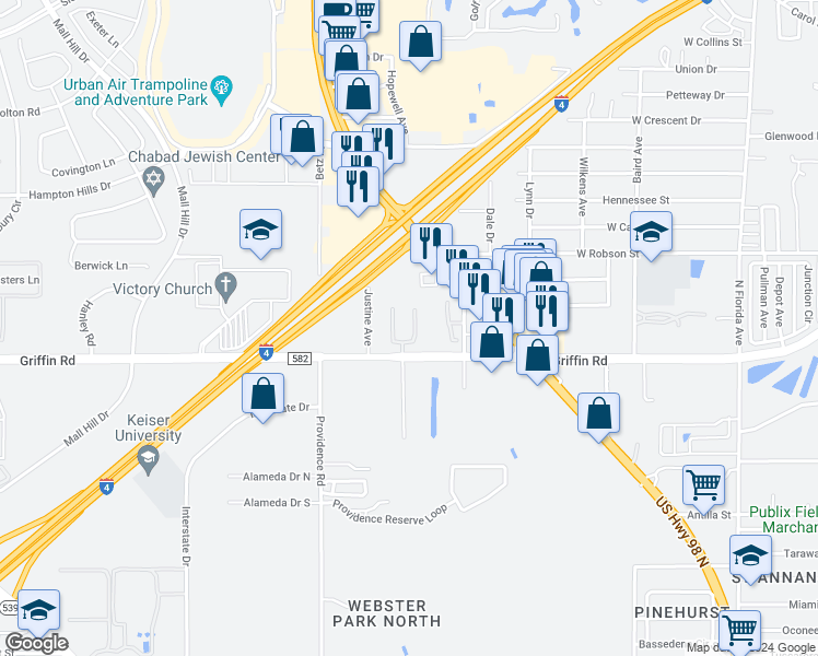 map of restaurants, bars, coffee shops, grocery stores, and more near 1013 Griffin Road in Lakeland