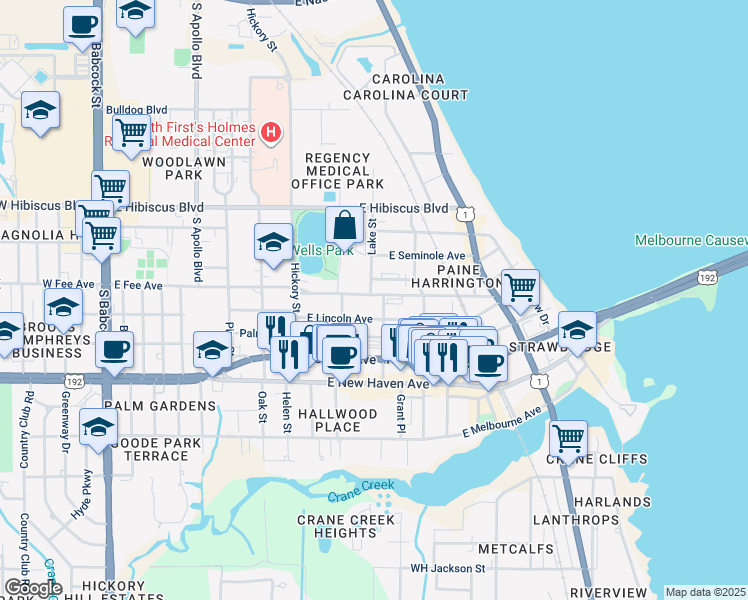 map of restaurants, bars, coffee shops, grocery stores, and more near 701 East Fee Avenue in Melbourne