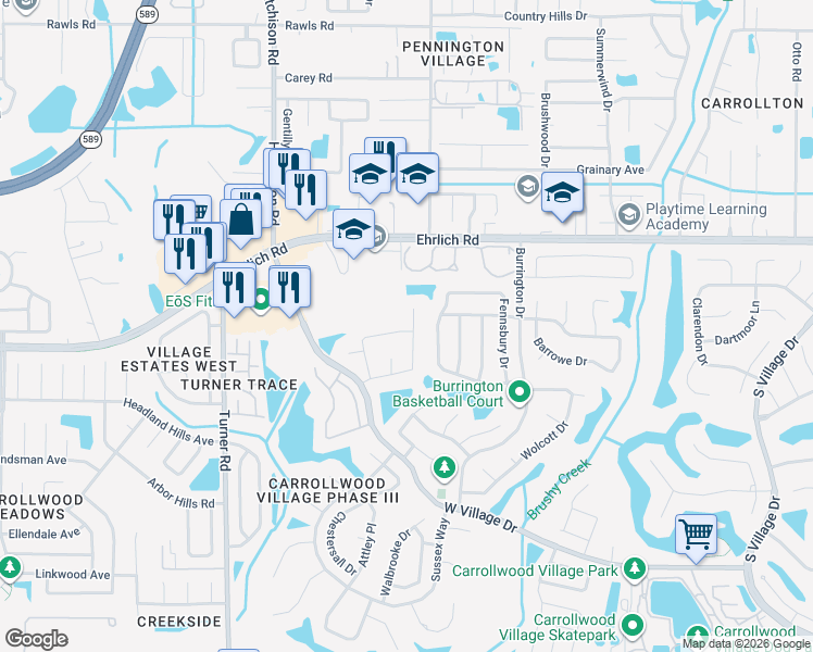 map of restaurants, bars, coffee shops, grocery stores, and more near 14134 Riverstone Drive in Tampa
