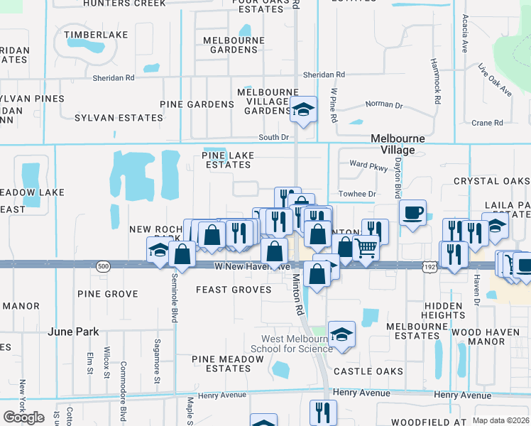 map of restaurants, bars, coffee shops, grocery stores, and more near 7376 Livingstone Ln in Melbourne