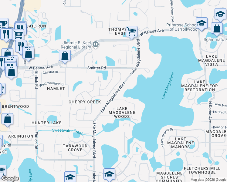 map of restaurants, bars, coffee shops, grocery stores, and more near 14023 Briardale Lane in Tampa