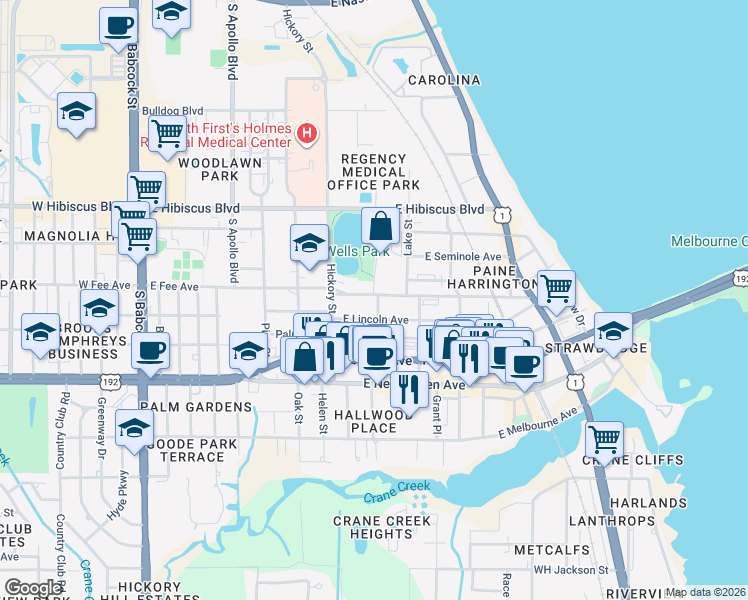 map of restaurants, bars, coffee shops, grocery stores, and more near 541 East Fee Avenue in Melbourne