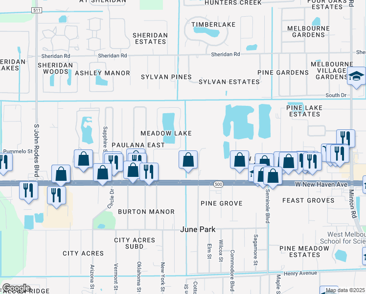 map of restaurants, bars, coffee shops, grocery stores, and more near 1752 Vista Lake Circle in Melbourne