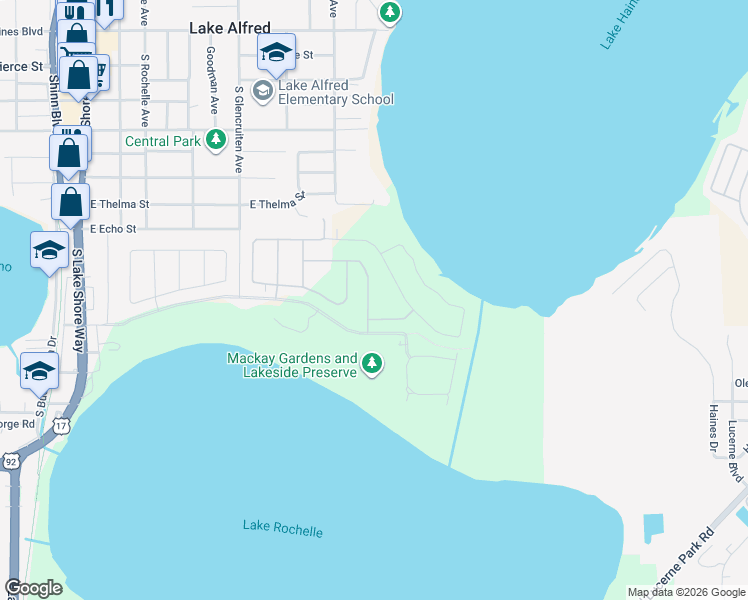 map of restaurants, bars, coffee shops, grocery stores, and more near Mackay Boulevard in Lake Alfred