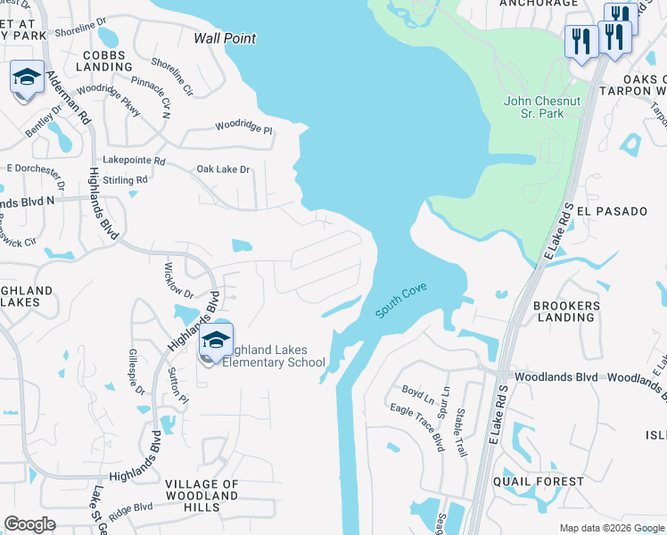 map of restaurants, bars, coffee shops, grocery stores, and more near 3933 Talah Drive in Palm Harbor