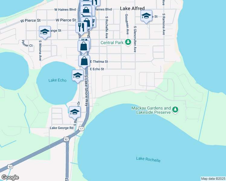 map of restaurants, bars, coffee shops, grocery stores, and more near 365 James Circle in Lake Alfred