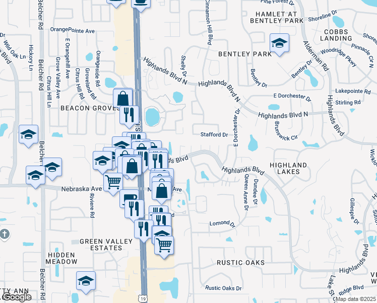 map of restaurants, bars, coffee shops, grocery stores, and more near 1603 Highlands Boulevard in Palm Harbor