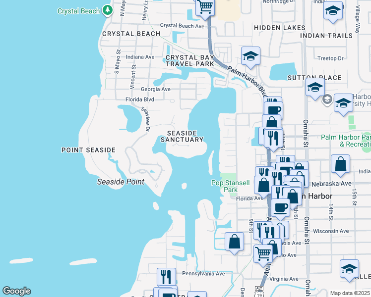 map of restaurants, bars, coffee shops, grocery stores, and more near 124 Sanctuary Drive in Palm Harbor