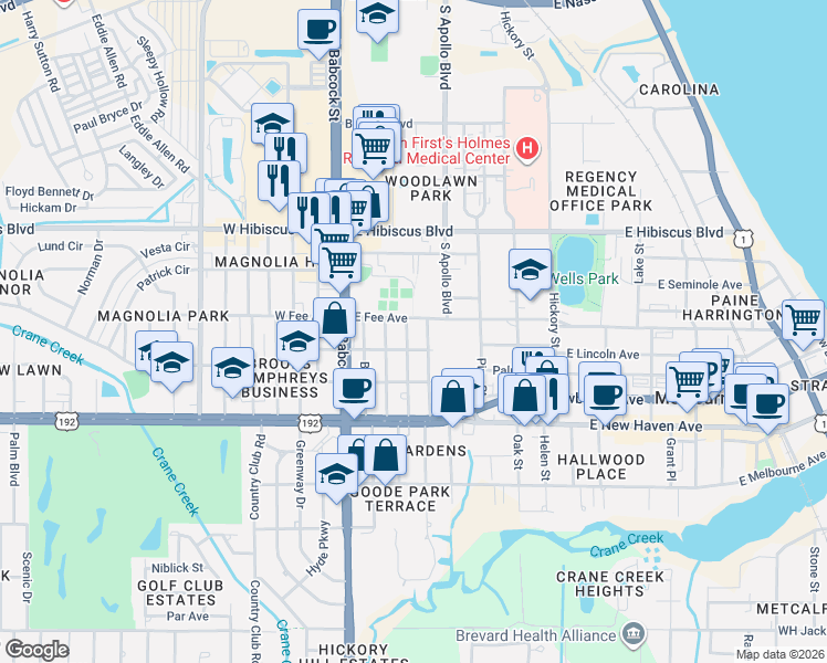map of restaurants, bars, coffee shops, grocery stores, and more near 1710 Platt Street in Melbourne