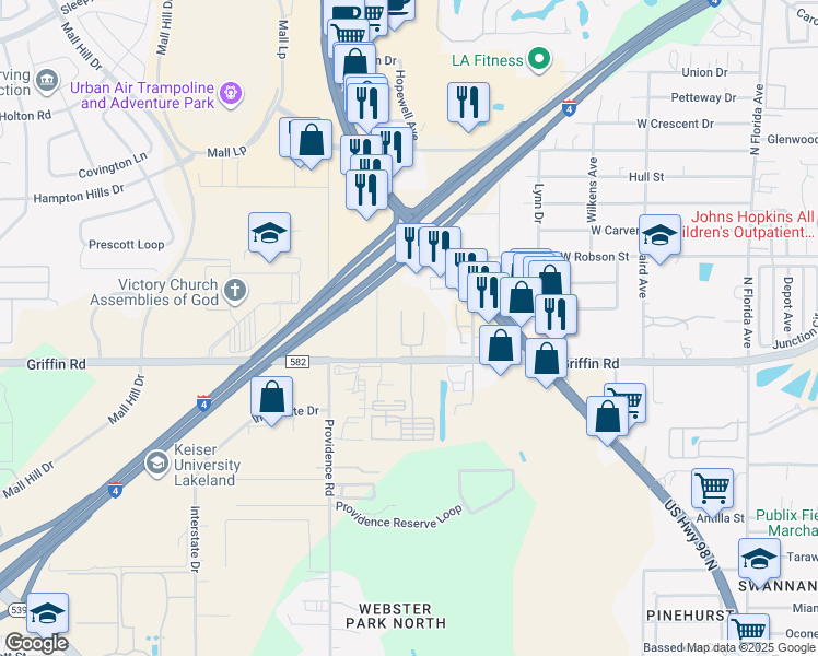 map of restaurants, bars, coffee shops, grocery stores, and more near 1015 Griffin Road in Lakeland