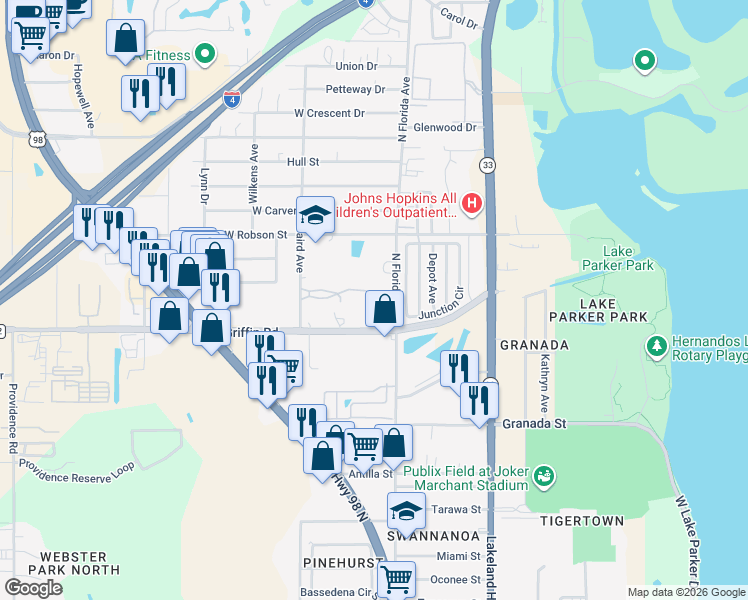 map of restaurants, bars, coffee shops, grocery stores, and more near 202 Denice Drive in Lakeland