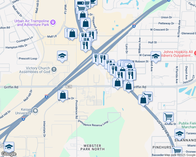 map of restaurants, bars, coffee shops, grocery stores, and more near 1015 Griffin Road in Lakeland