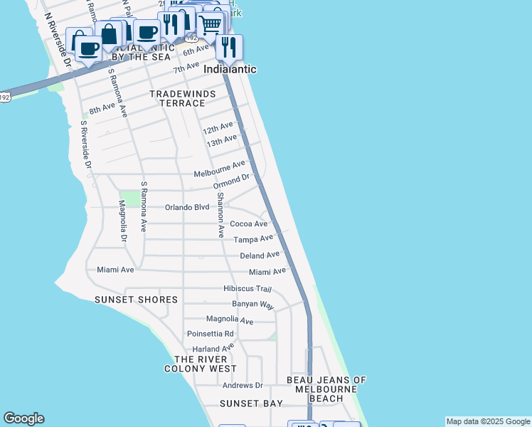 map of restaurants, bars, coffee shops, grocery stores, and more near 1318 South Miramar Avenue in Indialantic