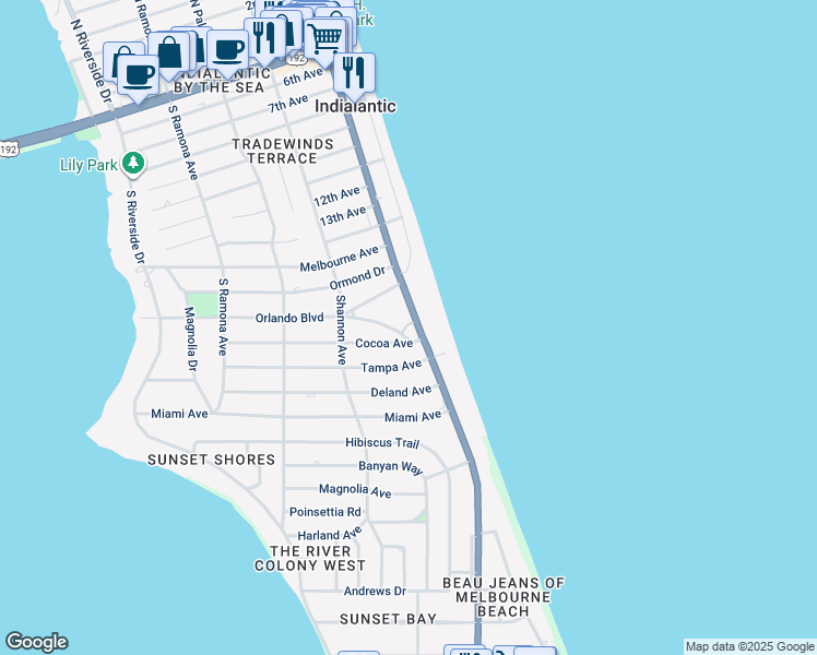 map of restaurants, bars, coffee shops, grocery stores, and more near 1318 Florida A1A in Indialantic