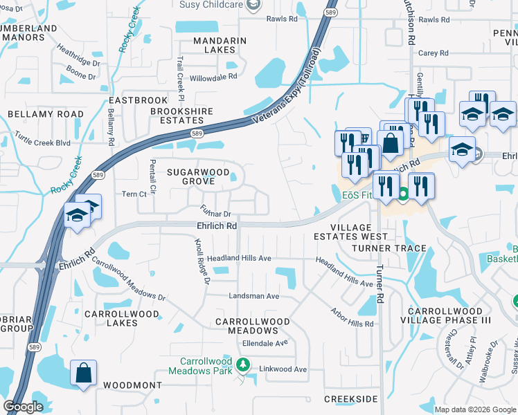 map of restaurants, bars, coffee shops, grocery stores, and more near 14703 Cactus Wren Place in Tampa