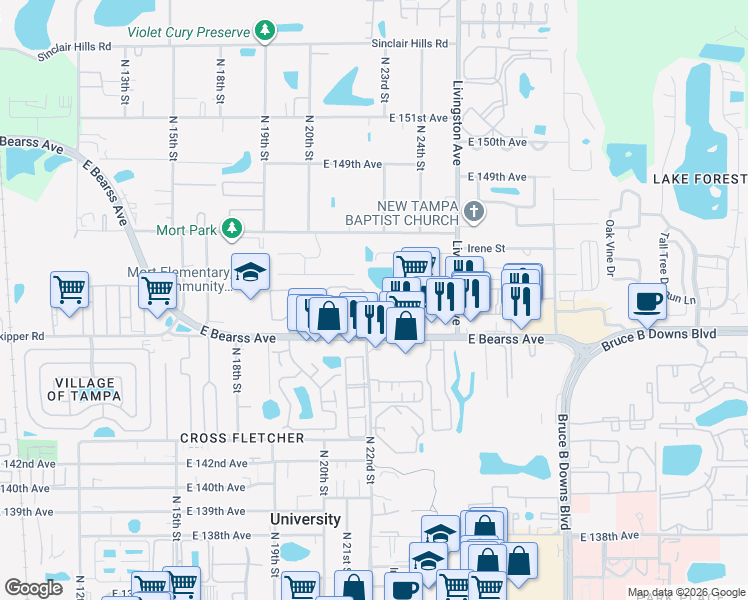 map of restaurants, bars, coffee shops, grocery stores, and more near 14721 Banyan Bluff Drive in Tampa