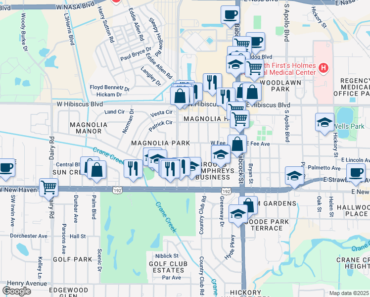 map of restaurants, bars, coffee shops, grocery stores, and more near 1704 Glendon Drive in Melbourne