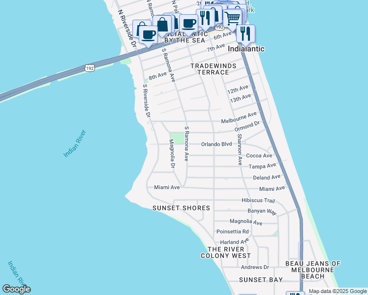 map of restaurants, bars, coffee shops, grocery stores, and more near 1110 South Ramona Avenue in Indialantic