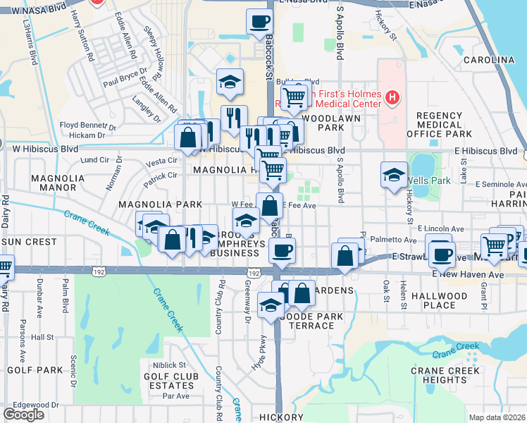 map of restaurants, bars, coffee shops, grocery stores, and more near 1720 South Babcock Street in Melbourne