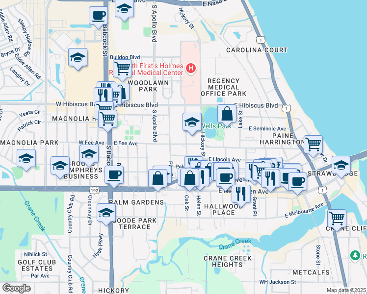 map of restaurants, bars, coffee shops, grocery stores, and more near 1704 Oak Street in Melbourne