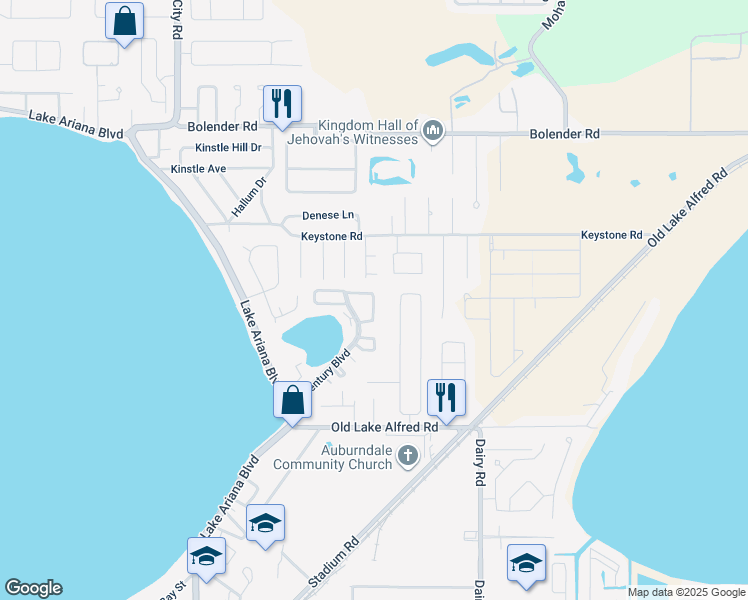 map of restaurants, bars, coffee shops, grocery stores, and more near 420 Century Boulevard in Auburndale