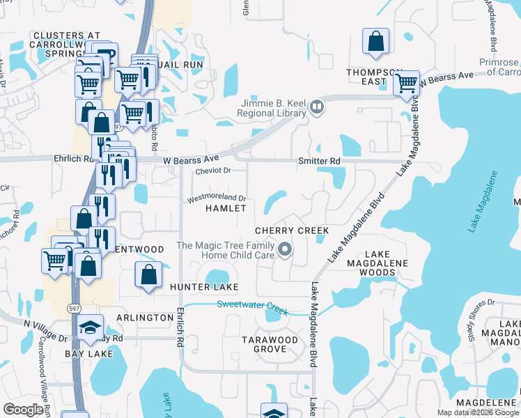 map of restaurants, bars, coffee shops, grocery stores, and more near 3307 Westmoreland Drive in Tampa
