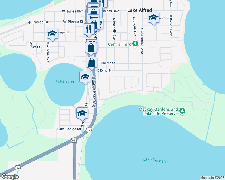 map of restaurants, bars, coffee shops, grocery stores, and more near 108 James Circle in Lake Alfred