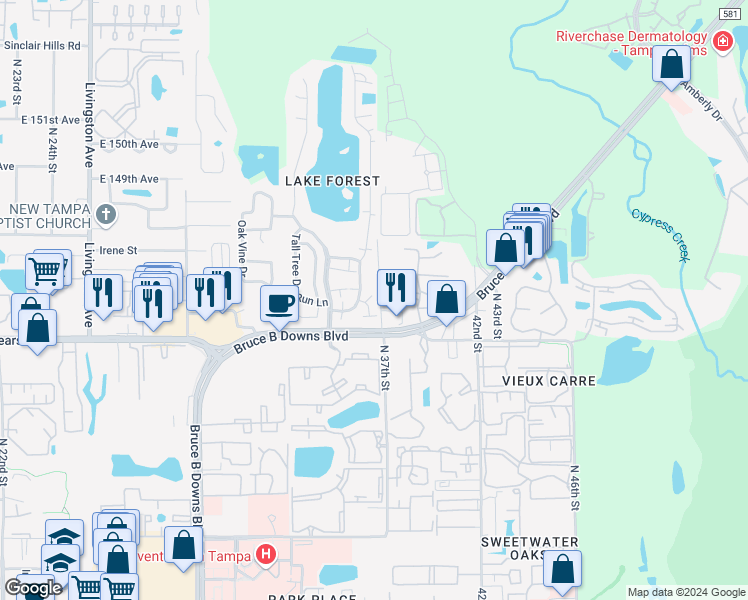 map of restaurants, bars, coffee shops, grocery stores, and more near 14669 Pine Glen Circle in Lutz