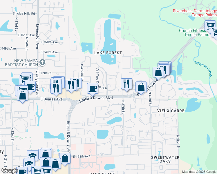 map of restaurants, bars, coffee shops, grocery stores, and more near 14627 Lake Forest Drive in Lutz