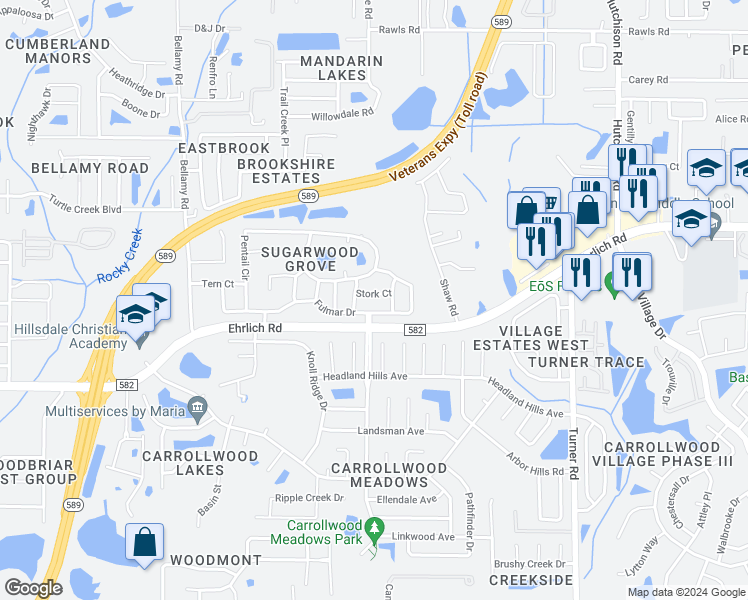 map of restaurants, bars, coffee shops, grocery stores, and more near 5406 Stork Court in Tampa