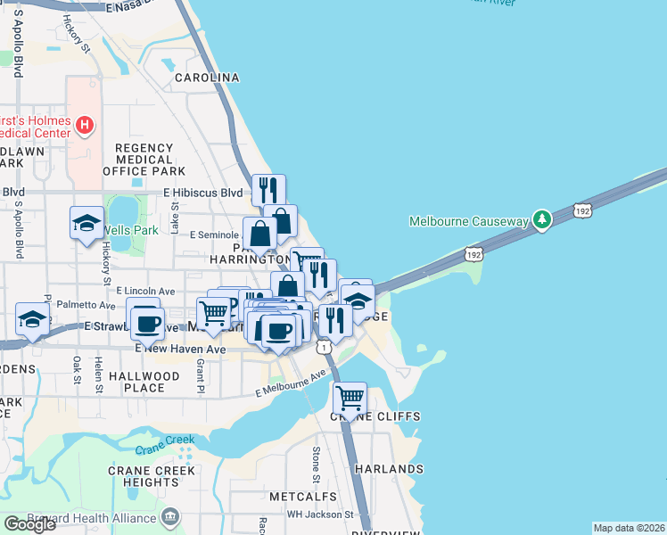 map of restaurants, bars, coffee shops, grocery stores, and more near 1811 Riverview Drive in Melbourne