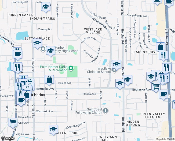 map of restaurants, bars, coffee shops, grocery stores, and more near 1448 18th Street in Palm Harbor