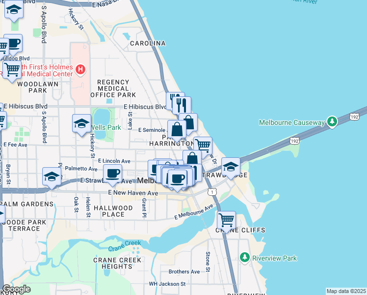 map of restaurants, bars, coffee shops, grocery stores, and more near 938 Lincoln Avenue in Melbourne