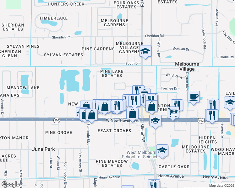 map of restaurants, bars, coffee shops, grocery stores, and more near 7612 Northern Oak Street in Melbourne