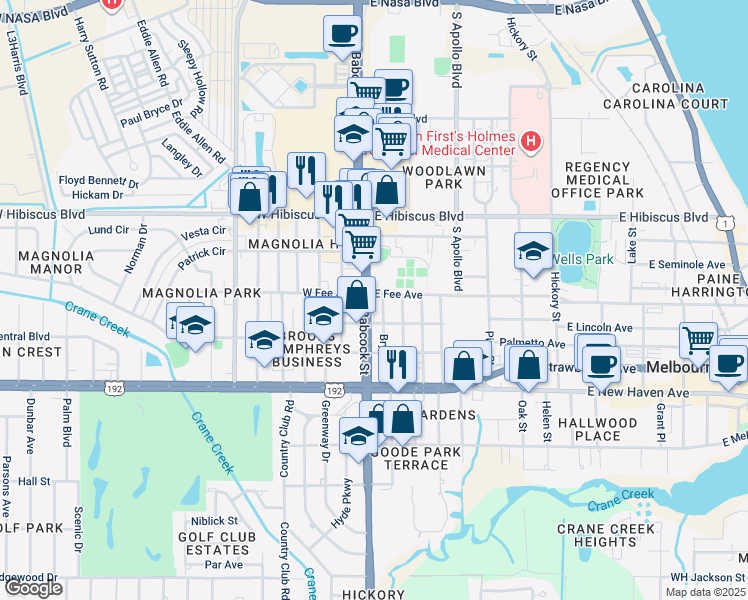map of restaurants, bars, coffee shops, grocery stores, and more near 1709 Bryan Street in Melbourne