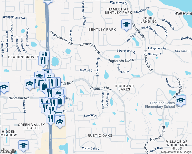 map of restaurants, bars, coffee shops, grocery stores, and more near 1615 East Dorchester Drive in Palm Harbor